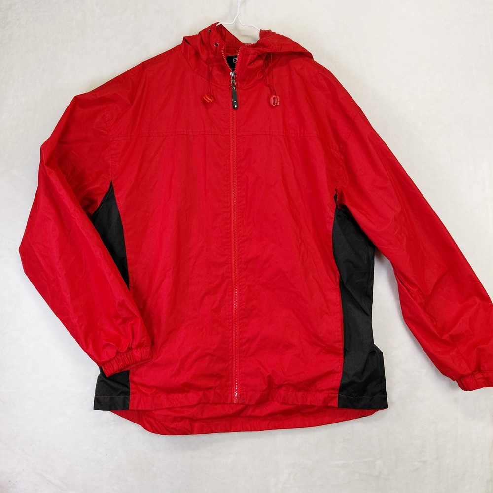 i5 Mens XL Red Black Hooded Windbreaker Full Zip Mesh Lined Athletic Jacket